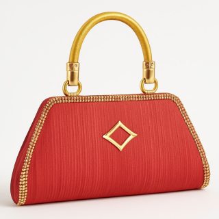 Red clutch handbag with gold handle and rhinestone border on white background