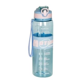 Pastel blue motivational water bottle with time markers, wrist strap, and flip-top lid